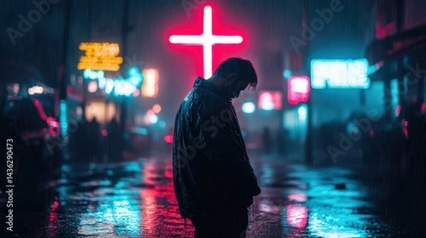 Obraz Man stands alone in rain-soaked street illuminated by large cross