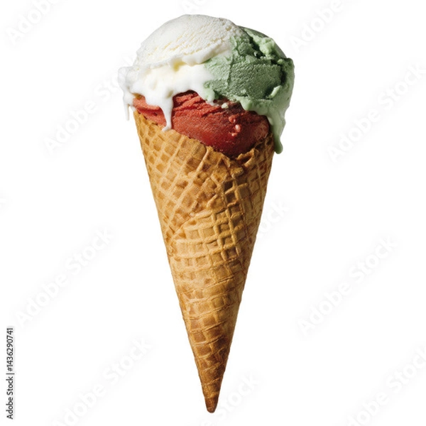 Obraz A three-scoop ice cream cone showcases a blend of vibrant strawberry, creamy vanilla, and rich pistachio flavors. The waffle cone adds a crunchy texture, making it a perfect summer treat