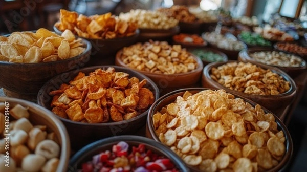 Fototapeta Assorted Crispy Snacks in Wooden Bowls