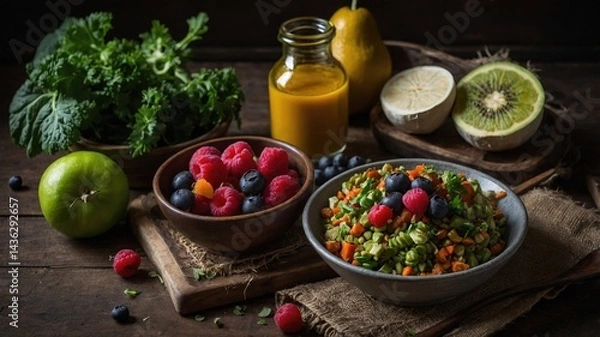Fototapeta Mesa rústica con una selección de alimentos frescos y naturales como tomates, ajos, naranjas y una jarra de leche resaltando un ambiente gastronómico auténtico