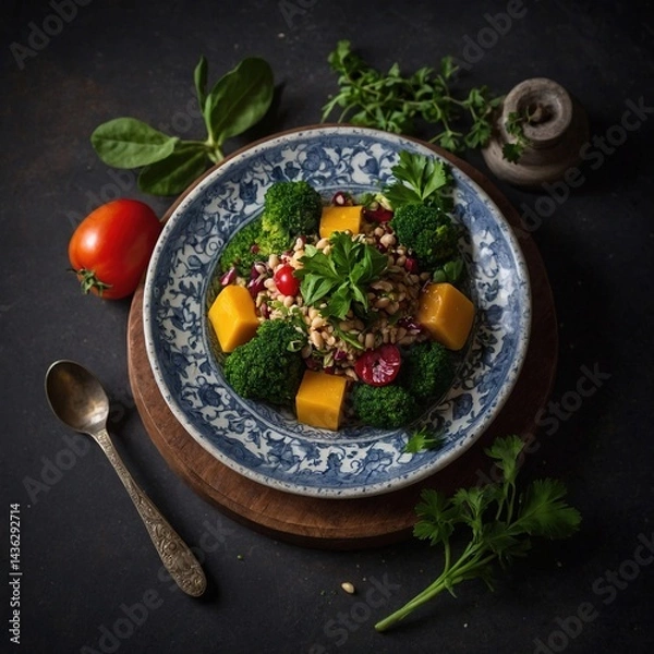Fototapeta Plato saludable de granos con brócoli, calabaza, semillas de granada y hierbas frescas en un cuenco artístico