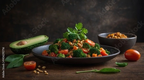Fototapeta Ensalada fresca y saludable con brócoli, garbanzos y tomates cherry acompañada de aguacate y piñones en un entorno vibrante