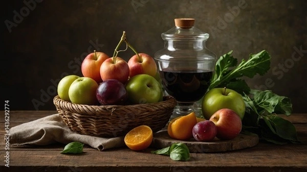 Fototapeta Bodegón rústico con frutas frescas como manzanas, duraznos y una naranja, acompañadas de un frasco de vidrio sobre superficie de madera