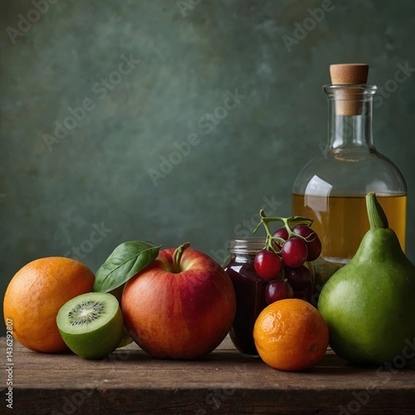 Fototapeta Bodegón rústico de frutas frescas incluyendo naranja, kiwi, uvas y manzana con frasco de mermelada y botella de vidrio en un fondo campestre