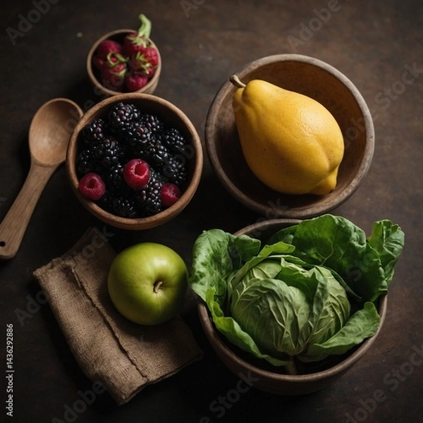 Fototapeta Mesa rústica con variedad de productos frescos incluyendo una cabeza de lechuga, frutas como peras y manzanas verdes, y un cuenco de madera lleno de berries en una presentación elegante y saludable