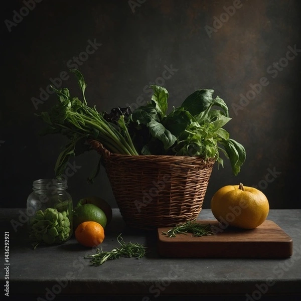 Fototapeta Mesa rústica con una variedad de frutas y vegetales frescos como coles de Bruselas en un frasco, calabaza amarilla, lima, naranja, hierbas frescas y una cesta de hojas verdes con luz natural
