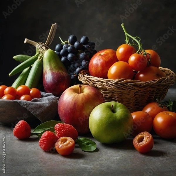 Fototapeta Mesa rústica con una variedad de frutas y verduras frescas, incluyendo calabaza naranja, tomates, uvas, frambuesas y hojas verdes, destacando colores vibrantes y texturas naturales 