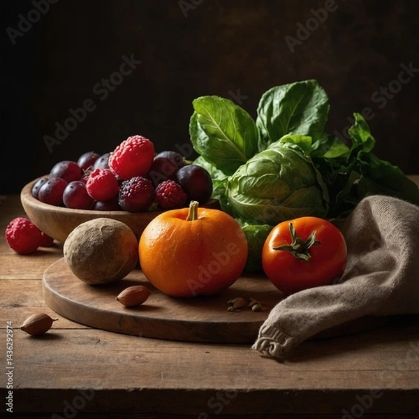Fototapeta Composición rústica de frutas y verduras frescas incluyendo una calabaza, una papa, un tomate, lechuga, frambuesas, uvas, y semillas dispersas sobre una tabla de madera