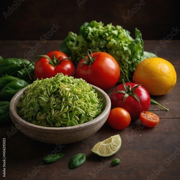 Fototapeta Composición de frutas y verduras frescas sobre superficie oscura: naranjas, kiwis, brócoli, tomates cherry, pimiento amarillo, cebolla morada, limón, hojas de albahaca, espinacas y un pequeño tazón 