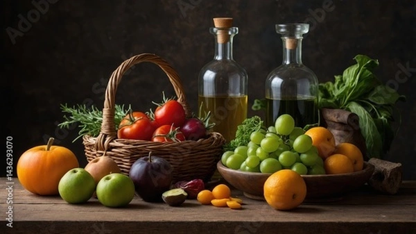 Fototapeta Mesa rústica decorada con una variedad de frutas y vegetales frescos, como tomates, uvas, brócoli y una calabaza pequeña, acompañados de dos botellas de vidrio con aceite y un fondo de madera oscura