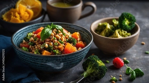 Fototapeta Mesa de madera rústica con frutas y vegetales frescos como melones, naranjas, rábanos y una botella de vidrio con líquido verde, en un entorno hogareño con iluminación cálida