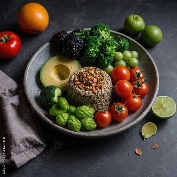 Fototapeta Plato saludable con cereales, frutos secos, vegetales frescos como brócoli, aguacate y tomates, acompañado de frutas como uvas y moras en una composición vibrante y artística