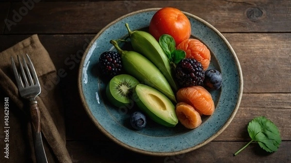 Fototapeta Plato de frutas y verduras frescas: aguacate partido, kiwi, tomates, moras, arándanos, ciruela, tangerina y plátano verde dispuestos en una mesa rústica con un tenedor y servilleta marrón al fondo