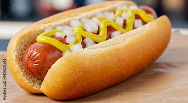 Obraz A close up of a hot dog with mustard and onions in a bun on a brown paper surface for a quick meal