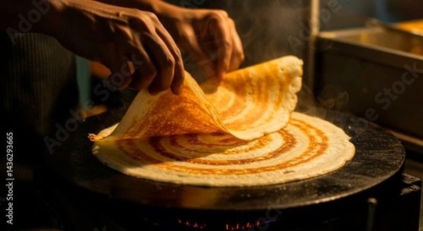Obraz Cooking a dosa on a hot griddle with hands folding the thin pancake and steam rising from the surface
