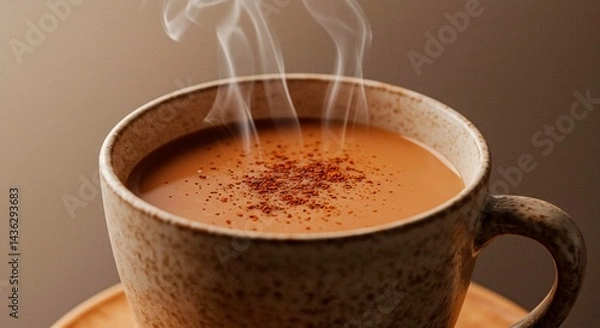Obraz Close up of steaming brown liquid in a ceramic mug with sprinkles and a neutral background color