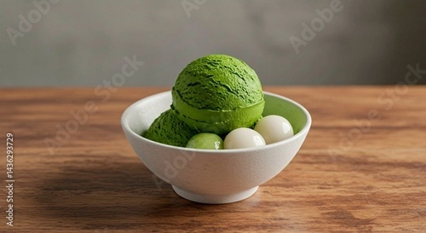 Obraz A bowl of matcha ice cream with mochi balls on a wooden table with gray background in soft lighting