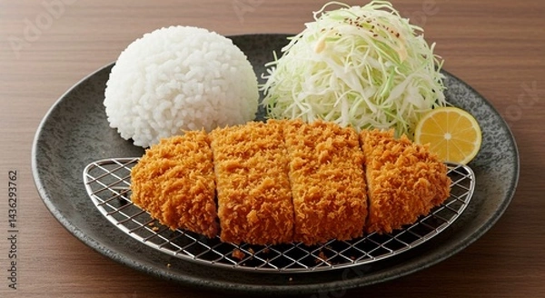 Obraz Close up of tonkatsu on a wire rack with rice cabbage and lemon on a dark plate on a wooden table