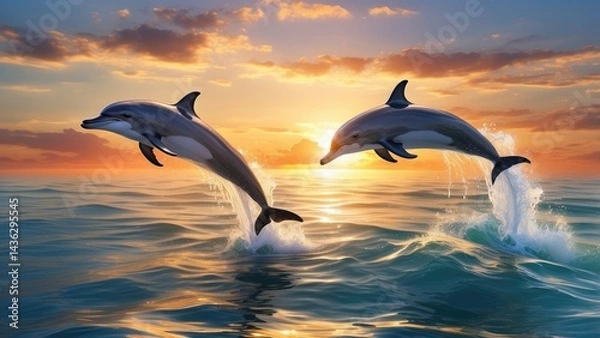 Fototapeta Pair of Dolphins Leaping Out of Ocean on a Clear Day