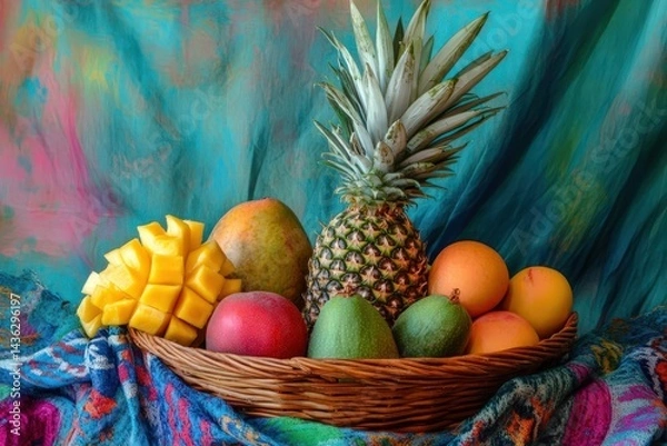 Fototapeta Basket of tropical fruits with colorful fabric backdrop