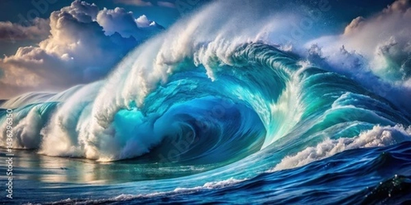 Fototapeta Oceanic Majesty A breathtaking spectacle of a powerful wave cresting, showcasing vibrant turquoise hues and frothy whitecaps under a dramatic sky