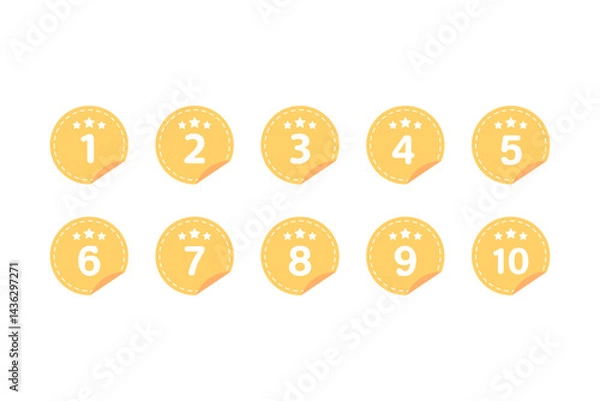 Obraz Yellow star number 1 to 10 round label sticker set. Achievement, reward, success concept. Flat decorative vector design isolated illustration.
