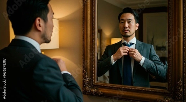 Obraz Man in suit adjusts tie while looking in an ornate gold framed mirror in a softly lit room