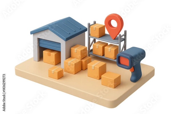 Fototapeta Warehouse with boxes and barcode scanner for efficient package management and logistics. Isolated illustration