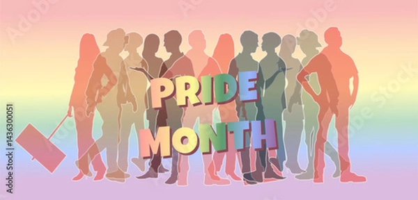 Fototapeta banner Vibrant rainbow silhouette crowd and 3D text celebrating Pride Month on a pastel gradient background