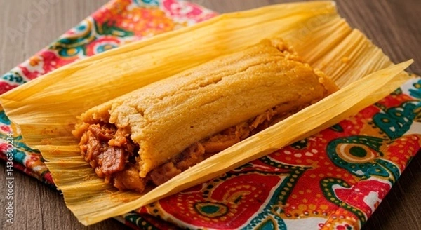 Obraz A close up of a tamale in its corn husk wrapper on a colorful patterned napkin on a wooden surface