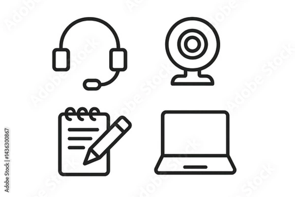 Fototapeta Communication and work tools: headset, webcam, notepad, and laptop outlined icons. Isolated illustration