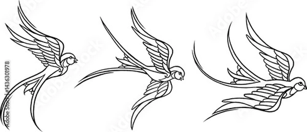 Fototapeta Set of three swallow birds in clean line art style. Black ink outline, traditional tattoo design. Isolated on white background