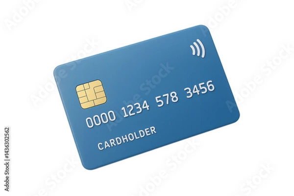 Fototapeta Blue credit card with chip and contactless payment symbol on white background. Isolated illustration