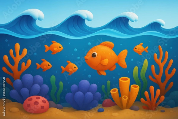 Fototapeta Colorful underwater scene with cartoon fish and vibrant coral reefs in a blue ocean. Isolated illustration