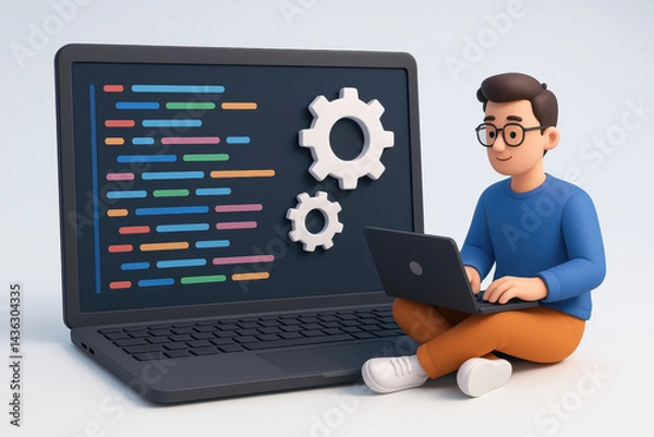 Obraz Cartoon programmer with laptop and coding screen: 3d illustration of software development. Isolated illustration