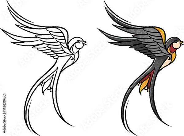 Fototapeta Traditional tattoo-style swallow in flight, with color and outline versions. Retro ink art, bold lines, isolated on white background