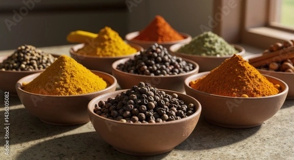 Fototapeta Colorful spices in bowls arranged on a countertop  
