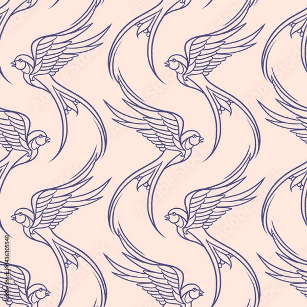 Fototapeta Seamless pattern with flying swallows in outline retro tattoo style on soft beige background. Decorative, monochrome, elegant