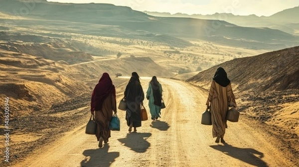 Obraz Women and men carrying water jars along a desert