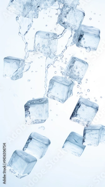 Obraz Clear Ice Cubes Falling into Water with Bubbles in a Refreshing Splash Effect