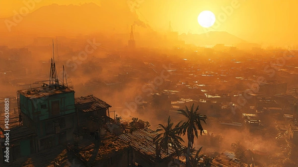 Obraz Aerial view of a dusty city sunset
