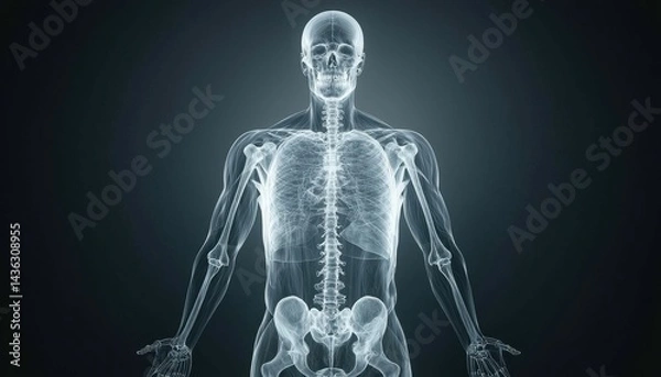 Fototapeta Digital X-ray illustration of a human skeleton with detailed bone structures.