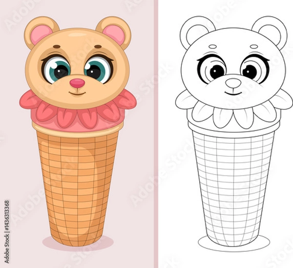 Fototapeta  Cute bear shaped ice cream in a waffle cone illustration and coloring page
