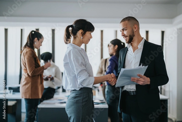 Obraz Group of business colleagues collaborating in a modern office environment, demonstrating professionalism and teamwork as they engage in discussions and professional interactions.