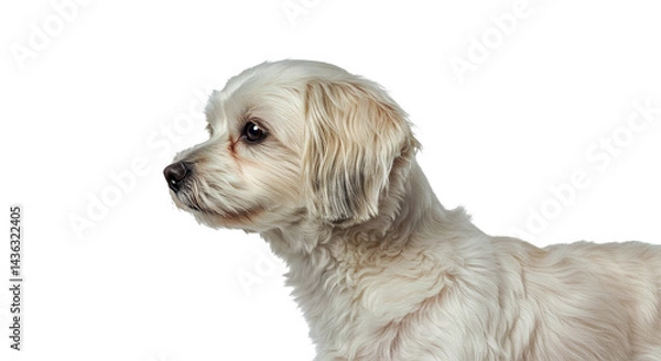 Fototapeta Alert Havanese dog standing in profile, showcasing its long, flowing fur and an attentive stance. Full body portrait isolated on a white background.