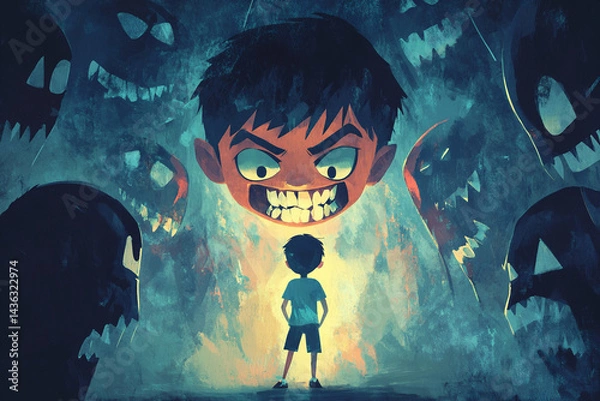 Fototapeta Illustration of a small child surrounded by dark, monstrous faces, symbolizing bullying, intimidation, and fear. Generative AI