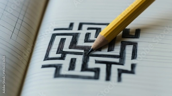 Obraz A maze drawn on an open notebook page with a pencil stuck in the center, symbolizing introspection, cognitive struggle, emotional complexity, personal journaling 