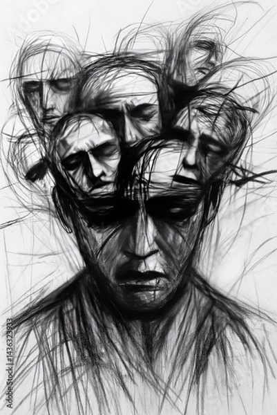Fototapeta Dark expressionist sketch with graphite and charcoal, messy human figure surrounded by chaotic lines and shadowy faces, illustrating schizophrenia or severe anxiety 