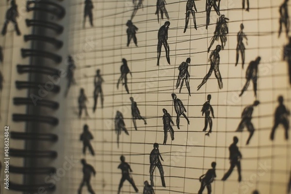 Obraz Notebook paper filled with repetitive stick figures in cages, scrawled over and over, with uneven spacing and pressure, like an unconscious cry for help 