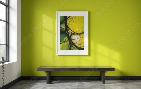 Fototapeta Zesty lime green wall with a bold abstract print in a minimal white frame and a bench beneath, modern painting in a frame hanging on a lime green wall and a wooden table for interior decor

